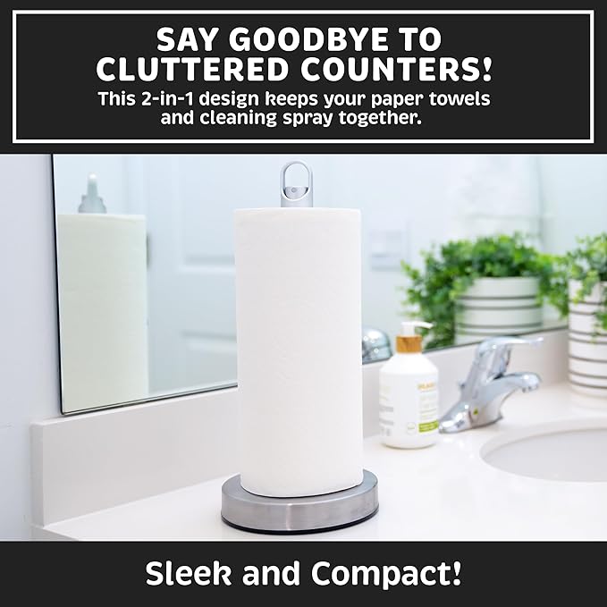Stainless Steel Paper Towel Holder with Spray Pump – One-Handed Tear, Smart Traction System, 5 oz Sprayer Bottle, Heavy Duty Suction Cups, Weighted Base, Kitchen Towel Dispenser for Countertop Use
