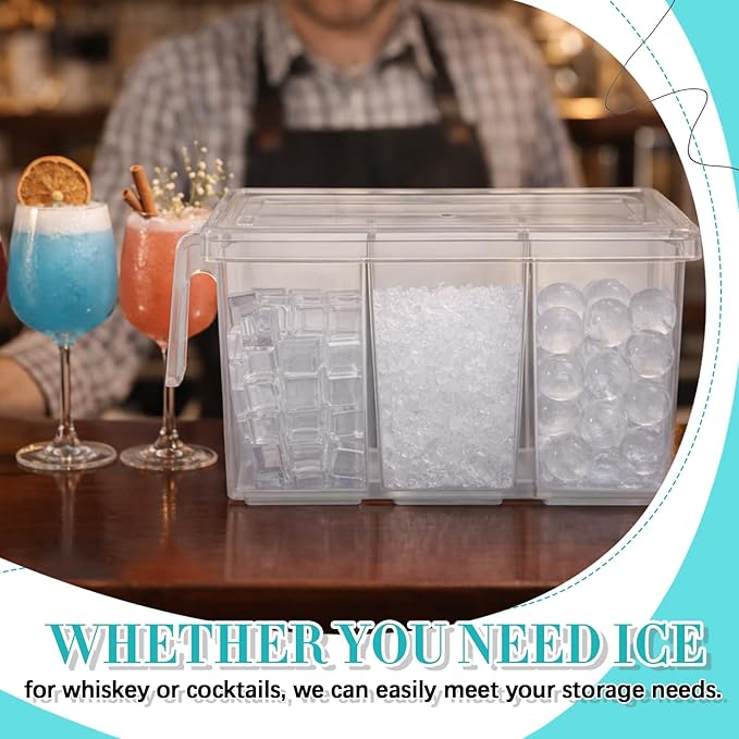 Havawish 3 Divided Ice Bin for Freezer Bucket Ice Container for Freezer with Lid and Scoop Set Ices Storage Container Plastic Clear Pull out Handle Organizer Cubes Cabinet, 10.83 x 5.91 x 6.1 Inches