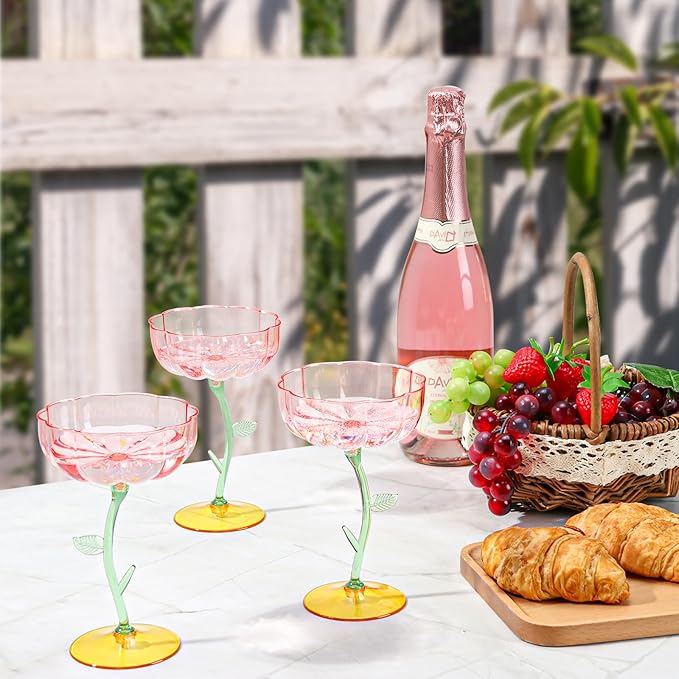 24 Pcs Pink Plastic Ribbed Coupe Glasses Detachable 7oz Flower Cocktail Glasses Modern Wavy Plastic Cocktail Coupes Disposable Martini Glasses Mimosa Glassware Champagne Goblets (24, PInk)