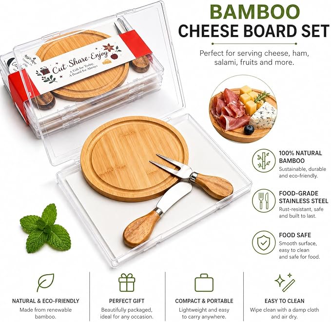 Upgraded storage-ready Small Cheese Board Set & Dessert Plate with Knife & Fork, 1-Pack 6-Inch Personal Charcuterie Tray, Bamboo, Gift-ready for Wedding, Bridal & Baby Shower Party