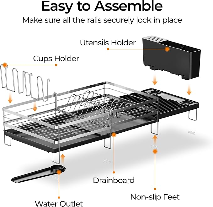 Delamu Stainless Steel Dish Drying Rack, Expandable Dish Drainer, Anti-Rust Large Dish Racks for Kitchen Counter, Dish Strainers with Drainboard, Utensil & Cup Holder, 13.4"-28.7" L x 11.8" W, Silver