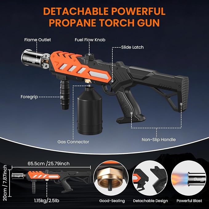 Powerful Propane Torch Gun, Adjustable Flame Thrower Gun, Kitchen Torch with Detachable Design, Flamethrower Blow Torch for BBQ, Searing Steak, Welding, Camping Charcoal Lighter(Tank Not Included)