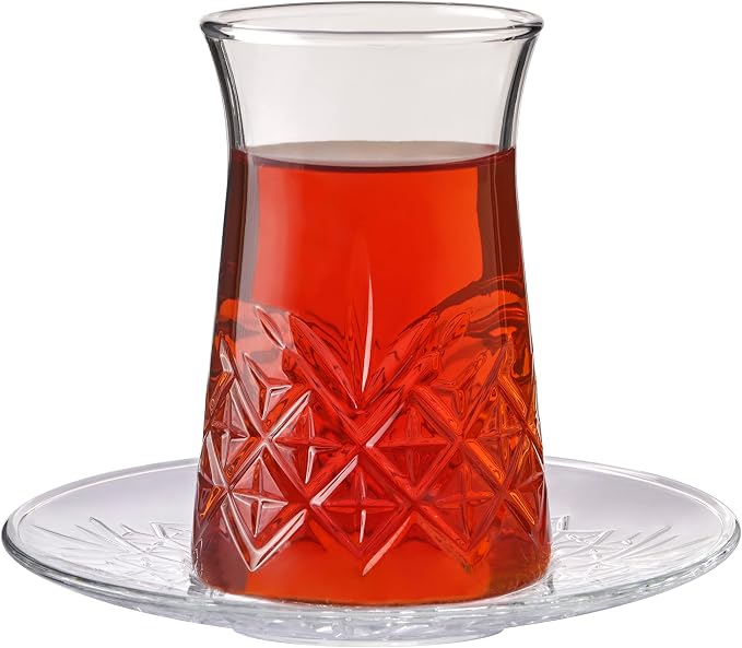 Pasabahce Crystal Turkish Tea Glasses and Saucers, Set of 12 Turkish Tea Cup Set, 6 Cups and 6 Plates Perfect for Tea Party, Gifts, Housewarming, Weddings, Aniversary