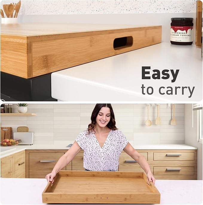 Bamboo Stove Cover for Gas & Electric Burners, 28.82”x20.83”x2.12'' (Inner) Noodle Board with Handles, Cutting Board with Juice Groove, Serving Tray (Natural Bamboo)