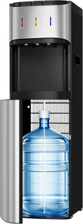 Tehanld Bottom Loading Water Cooler Dispenser for 3 or 5 Gallon Bottles, Stainless Steel Water Dispenser with Hot, Room & Cold Water, Child Safety Lock, Metallic Silver