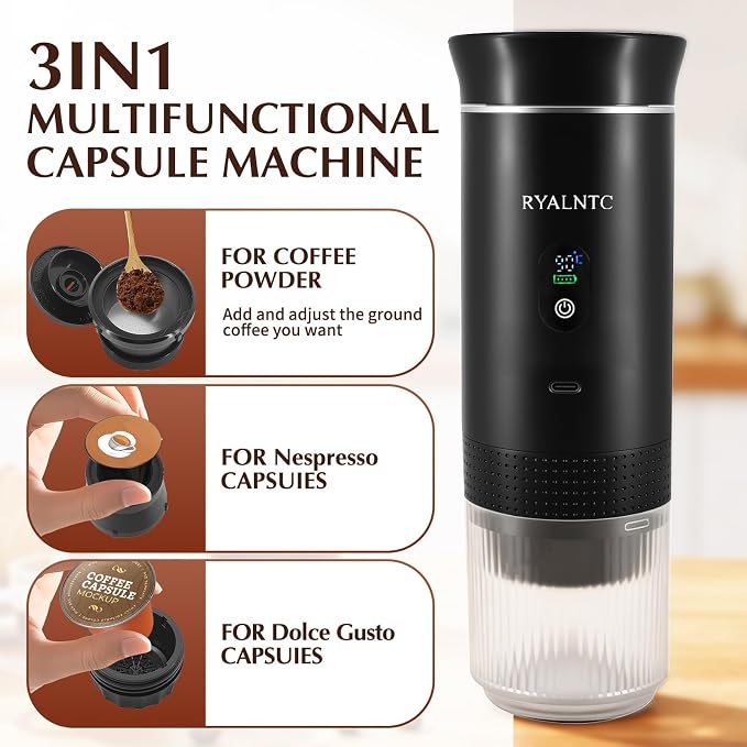 3-in-1 Portable Espresso Machine for Travel & Camping- 20 Bar Self-Heating Portable Coffee Maker with USB-C LED Display Car Coffee Maker, Compatible with Grounds&Capsules(Ns&DG) for RV,Hiking (Black)