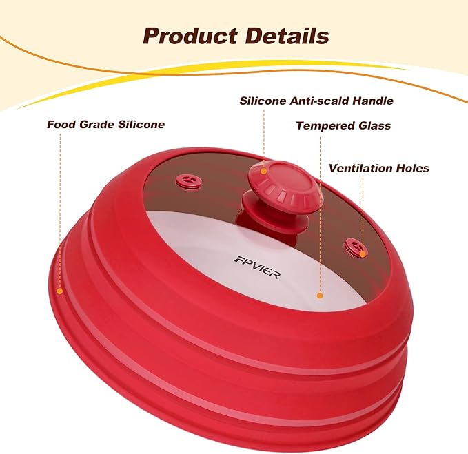 Microwave Splatter cover, Glass Microwave Cover for Food, 11.8 inch Guard Lid with Collapsible Silicone for 6-11 inch Plates & Bowls, Dishwasher Safe, 450°F Heat Resistant, BPA-Free, Red