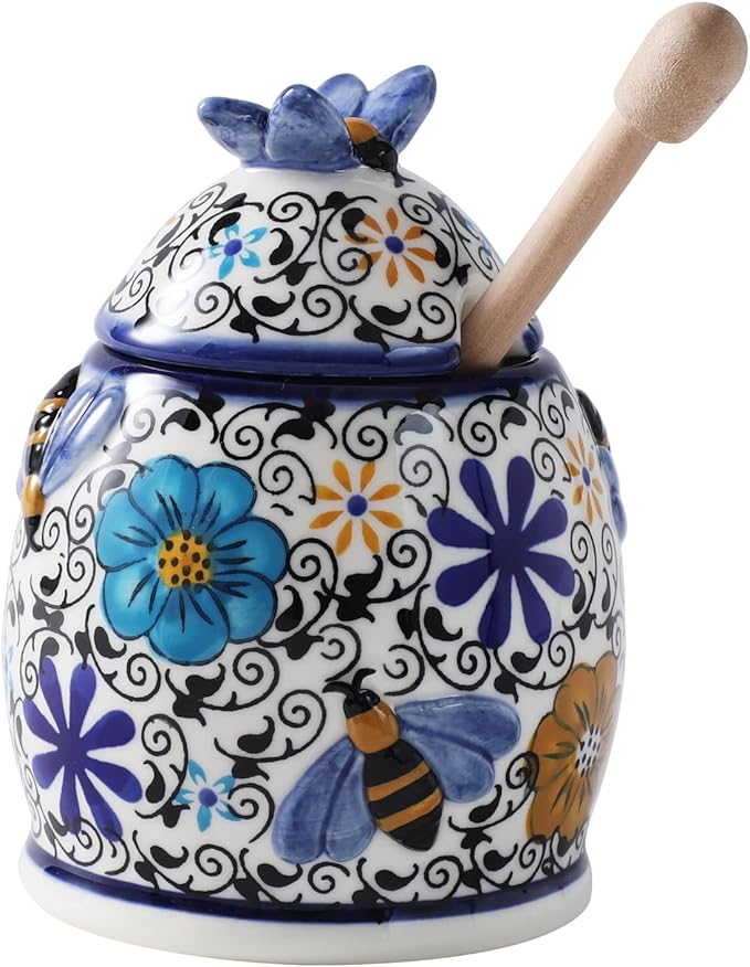 ZOOBEE 10oz Ceramic Honey Jar with Dipper Stick,Handpainted Honey Container for Storing Syrup,Small Mini Honey Pot with Bees,Disherwash Safe-Hidden Nook