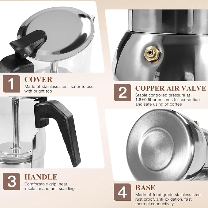 Moka Pot Stovetop Espresso Maker, Crystal Glass Top 304 Stainless Steel Coffee Brewer, 300ml 6-Cup Italian Coffee Pot for Gas Stove Home Kitchen & Camping