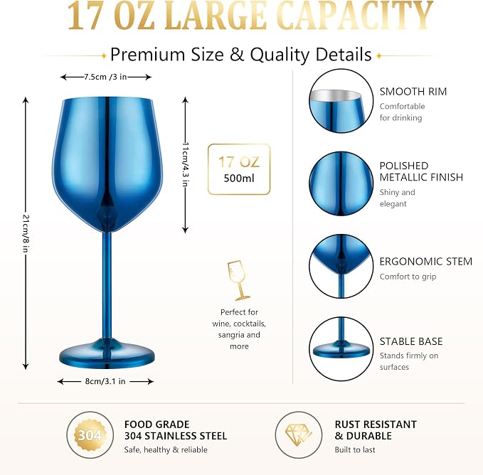 UNISWEET Stainless Steel Wine Glasses Set of 4 Unbreakable Wine Glass 18 oz Unique Metal Wine Goblets for Outdoor, Travel, Camping, Pool, Ideal Gift for Wine Lovers (Blue)