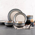 12 Piece Dinnerware Set for 4, Vintage Blue White Handmade Stoneware Plates and Bowls, Hand-Carved Relief with Geometric Pattern, Dishwasher Microwave Oven Safe, Scratch Resistant Dish Set