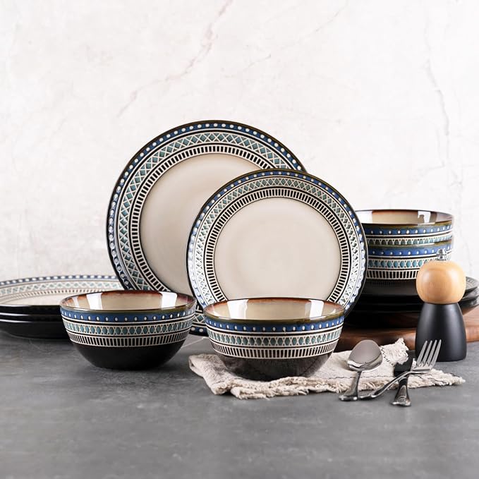 12 Piece Dinnerware Set for 4, Vintage Blue White Handmade Stoneware Plates and Bowls, Hand-Carved Relief with Geometric Pattern, Dishwasher Microwave Oven Safe, Scratch Resistant Dish Set