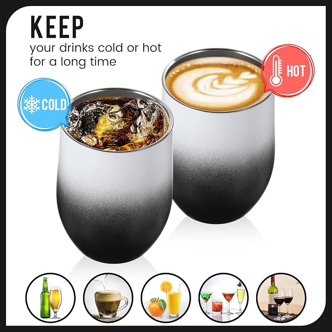 Remagr 16 Pack Stainless Steel Wine Tumblers 12 oz Insulated Vacuum Wine Cup Set Double Wall Stainless Steel Stemless Mug Glasses for Coffee Soda Whiskey Outdoor Travel (Black and White)