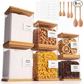 6 Pack Acrylic Pantry Storage Containers with Bamboo Lid Airtight Food Cereal Containers Storage 100oz, 54oz, 27oz with 144 Pantry Labels and Spoon for Flour Sugar, Cereal, Spice