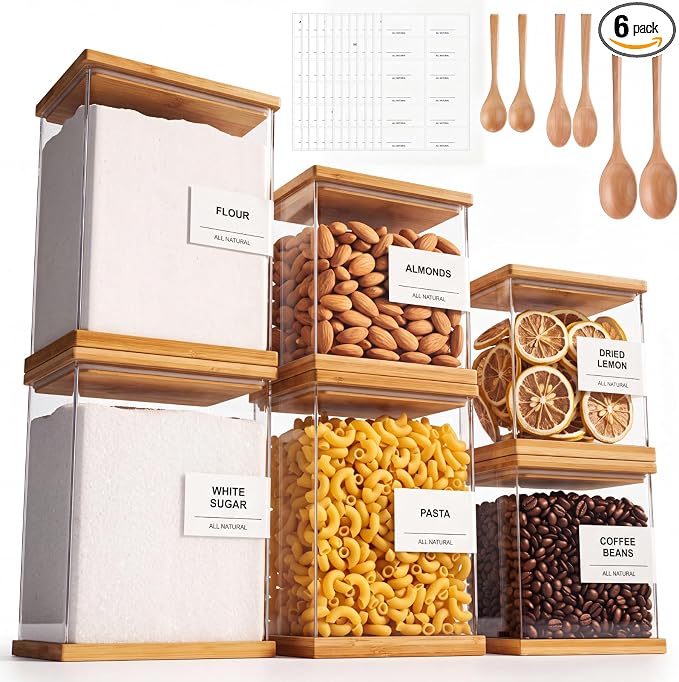 6 Pack Acrylic Pantry Storage Containers with Bamboo Lid Airtight Food Cereal Containers Storage 100oz, 54oz, 27oz with 144 Pantry Labels and Spoon for Flour Sugar, Cereal, Spice