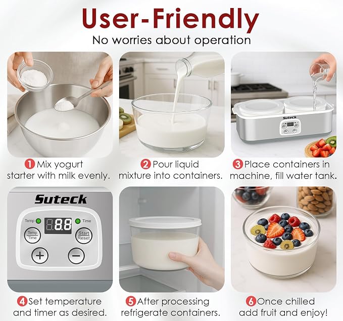 Suteck Yogurt Maker with Glass Jar- Stainless Steel Yogurt Machine with Adjustable Time & Temp Control, Homemade Greek, Probiotic Yogurt, BPA-Free 2 Yogurt Bowls (2 Quart)
