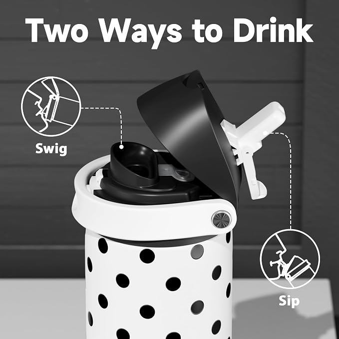 24 oz Insulated Water Bottle with Straw: Meoky Stainless Steel Metal Water Bottle with 2-in-1 Lid - Leak Proof, Cold for 24 Hours, Fits in Car Cup Holder, BPA-Free for Sports Travel Car, Polka Dot