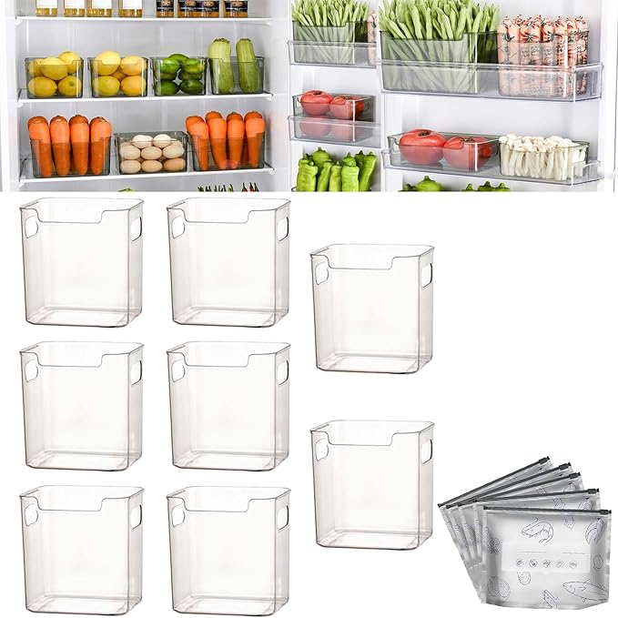 Crystal Clear Freezer Storage Bins - 4 Pack Stackable Freezer Organizer Bins, Clear Plastic Kitchen Cabinet Organizer for Meat, Veggies & Fruit (White, 8pcs-S)