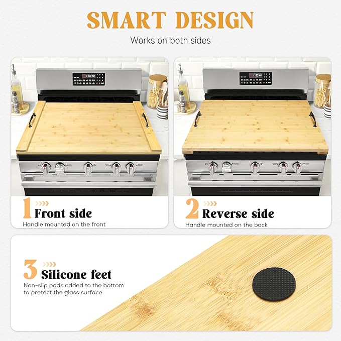 GASHELL Noodle Board Wood Stovetop Cover with Handles for Electric/Gas Stove Top(Bamboo)