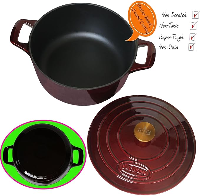 La Cuisine Enameled Cast Iron Dutch Oven Casserole Dish Pot with Lid, 2.1 QT 7.9“ /20cm Dia. Internal Matt Black Enamel Coating, Gold-Plated SS Lid Handle Oven Safe up to 500° F, Cranberry