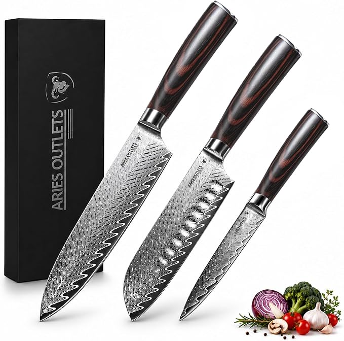 VG10 HPS 3 Piece Japanese Chef Knife Set, Damascus Kitchen Knives with VG10 Steel Core, Essential Chef Knives Set with Pakka Wood Handle for Daily Cooking