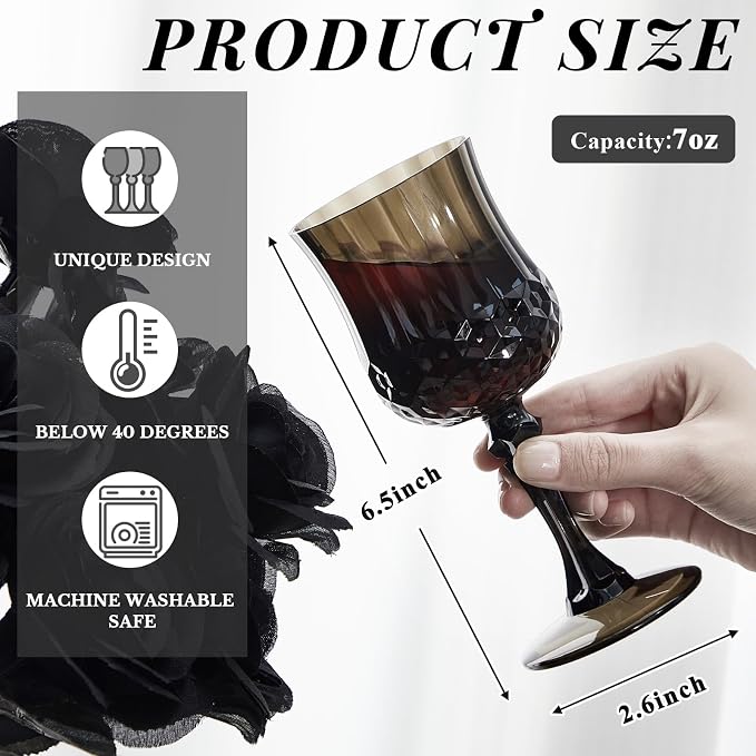 Pinkunn 6 Pcs 7 oz Plastic Vintage Wine Glasses Reusable Colored Goblets Patterned Drinking Water Glasses Cup Dishwasher Safe for Mother's Day Wedding Reception Party Supplies (Black)