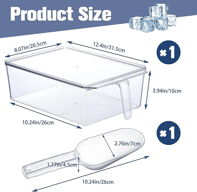 Havawish Ice Storage Bin for Freezer with Lid and Flexible Scoop Set Plastic Ice Container with Lid Handle for Home Office Fridge Storage(12.4 x 8.07 x 3.94 Inches,Clear,2 Pcs)