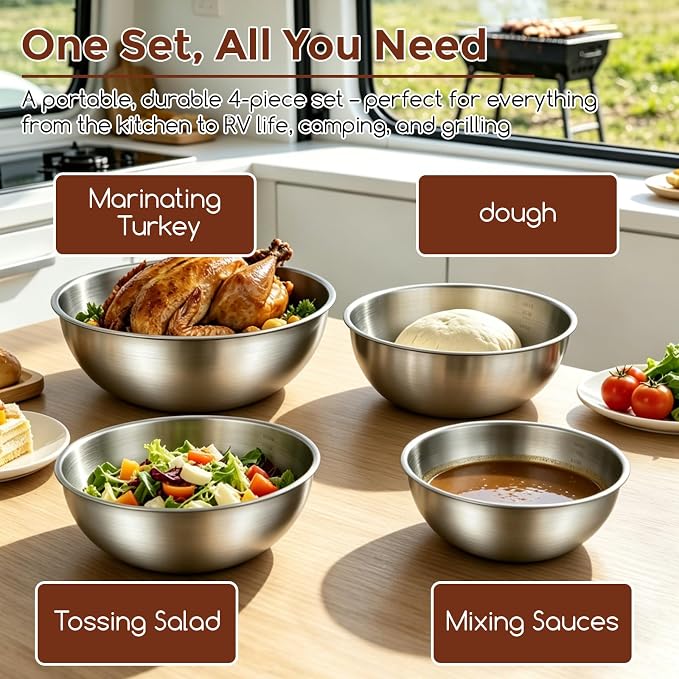 Gronivex 304 Stainless Steel Mixing Bowls, 4-Piece (1.5, 2.2, 3.4 & 4.2 Qt) | Food-Grade Metal,Dishwasher Safety,Stackable Nesting & Space-Saving, For home baking, salads, cooking, and RV or grilling use