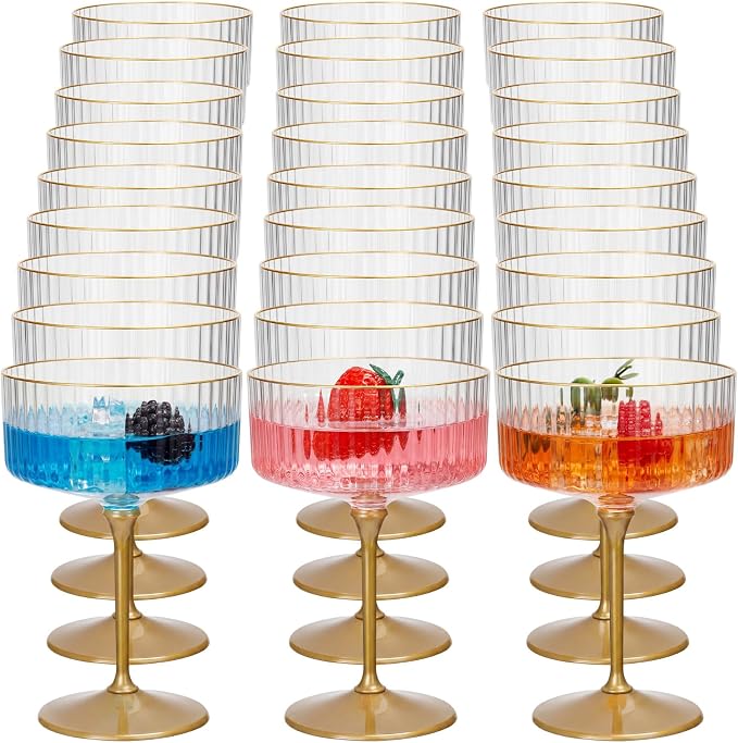 Jingmore 24 Pcs Ribbed Martini Glasses 10 oz Disposable Plastic Vintage Ribbed Coupe Glasses with Gold Rim Cocktail Unbreakable Dessert Parfait Glassware for Wedding Party Supplies (Gold)