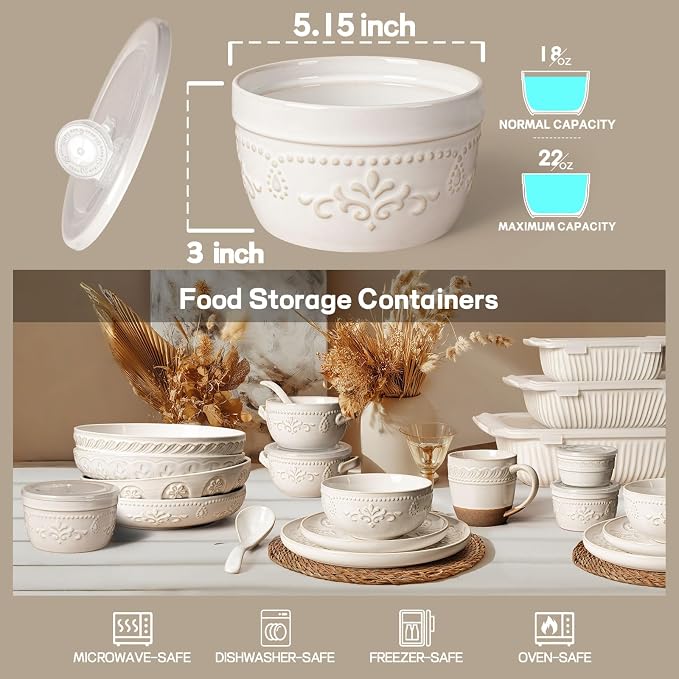 Artena Meal Prep Containers 22 OZ, 4 Pack Snack Containers, Reusable Food Storage Containers With Lids For Soup Yogurt Oatmeal Lunch Breakfast, Ceramic Cereal Bowls (White, Damask Floral)