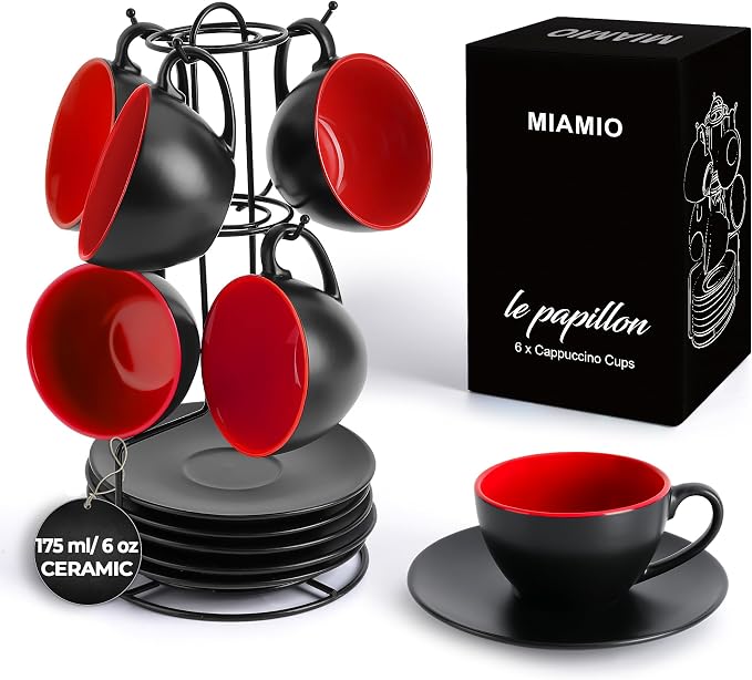 MIAMIO - Set of 6, Ceramic Stackable Cappuccino Cups Set / 6 Ounce Cappuccino Mugs and Saucer with Metal Stand for Coffee Drinks, Cafe, Latte, Americano and Tea - Le Papillon Collection (Red)