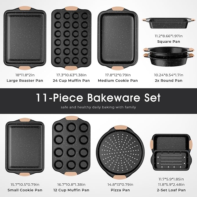 11-Piece Baking Pans Set, Nonstick Bakeware Sets, Oven Pans for Baking with Silicone Handles, Includes Cookie Sheet, Cake Pans, Loaf Pan, Pizza Pan, Muffin Pan, Khaki&Black