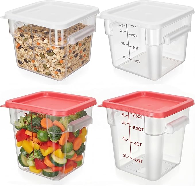 Lallisa 4 Pcs 8qt & 4qt Clear Food Storage Containers with Lids Handles and Scales, Stackable Plastic Square Food Storage Containers for Dough Proofing Baking Kitchen Restaurant(White, Red)