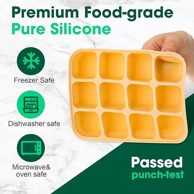 Mimorou 3 Pack Baby Food Freezer Tray with Lids 2.8 oz x 12 Cups Silicone Baby Food Storage Container Ice Cube Freezer Molds for Homemade Vegetable Fruit Purees Snack(12 Cups,White, Yellow, Brown)
