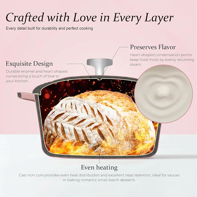 Overmont Heart-Shaped Enameled Cast Iron Dutch Oven, 2QT Pink Mini Pot with Lid for Cozy Meals, Soups & Small Batch Baking, Cute Kitchen Cookware Gift for Wedding, Housewarming & Birthday