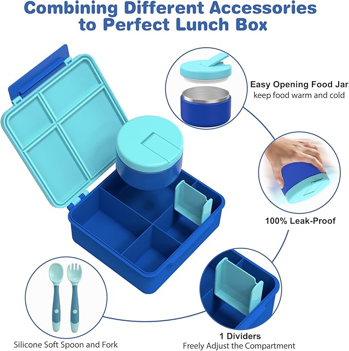 Kids Bento Lunch Box with 8oz Soup Thermo, Water Bottle, Kids Leakproof Lunch Food Containers with 4 Compartment, Insulated Hot Food Jar with Lunch Bag for School, Trvael (Blue)