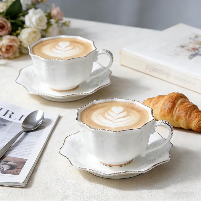 KAMMAK Tea Cups and Saucers Set of 2, Porcelain Coffee Cups with Saucers, Ceramic Espresso Mugs for Coffee, Latte, Americano, Tea, 7oz Elegant Teacup and Saucer (YFH4)