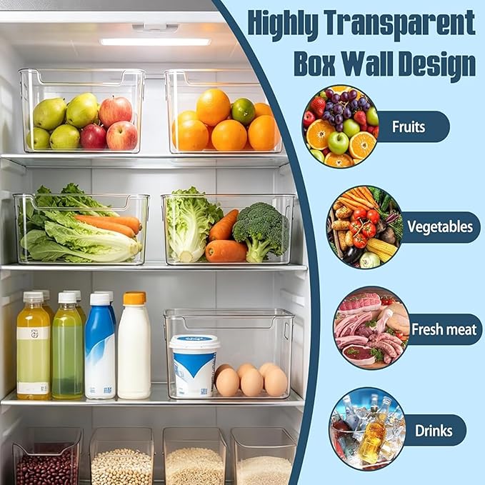 Clear Freezer Storage Bins, 4 Pack Clear Plastic Bins for Refrigerator and Pantry, Stackable Kitchen Cabinet Organizer with Handles for Kitchen, Office, Closet, Freezer organization (4*S)