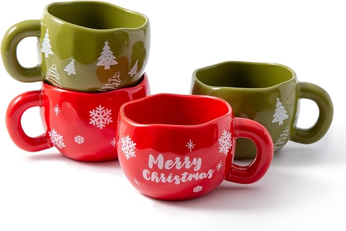 4pcs Ceramic Christmas Mugs Set, 9.4OZ Cute Coffee Cup Set, Red & Green, Dishwasher Safe, Christmas Tree & Snow Design, Gift for Women