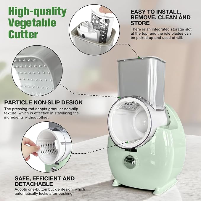 Electric Cheese Grater for Block Cheese - 3 in 1 Rotary Cheese Grater Electric Rotary Grater Salad Shooter Electric Slicer for Cheeses, Fruits, Vegetables and Nuts (Green, 6.89"x7.87")