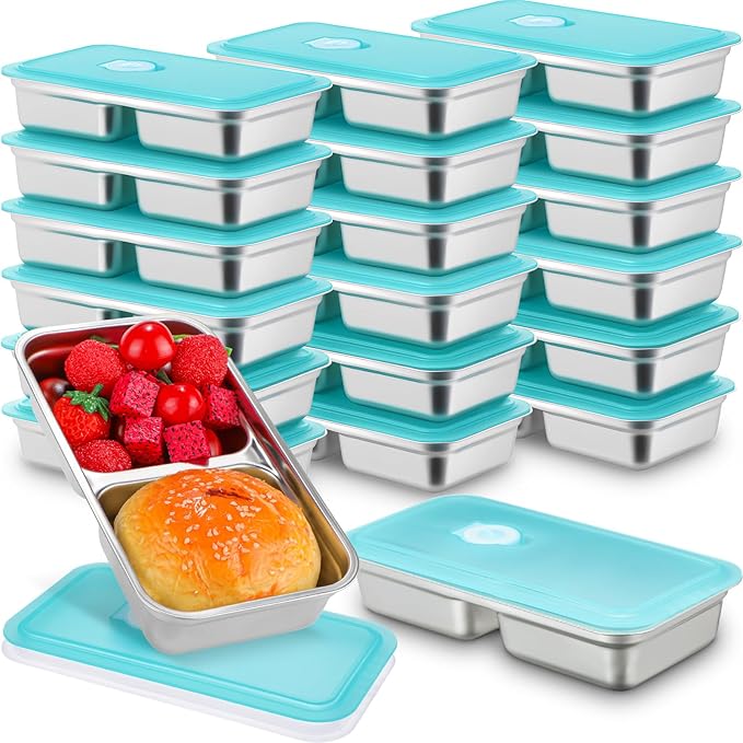 Teenyyou 20 Pcs Stainless Steel Snack Containers 30 oz 2-compartment Meal Prep Containers Reusable Metal Divided Bento Box with Silicone Lids Leakproof Lunch Box Dishwasher Safe (Blue)