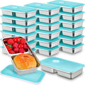 Teenyyou 20 Pcs Stainless Steel Snack Containers 30 oz 2-compartment Meal Prep Containers Reusable Metal Divided Bento Box with Silicone Lids Leakproof Lunch Box Dishwasher Safe (Blue)