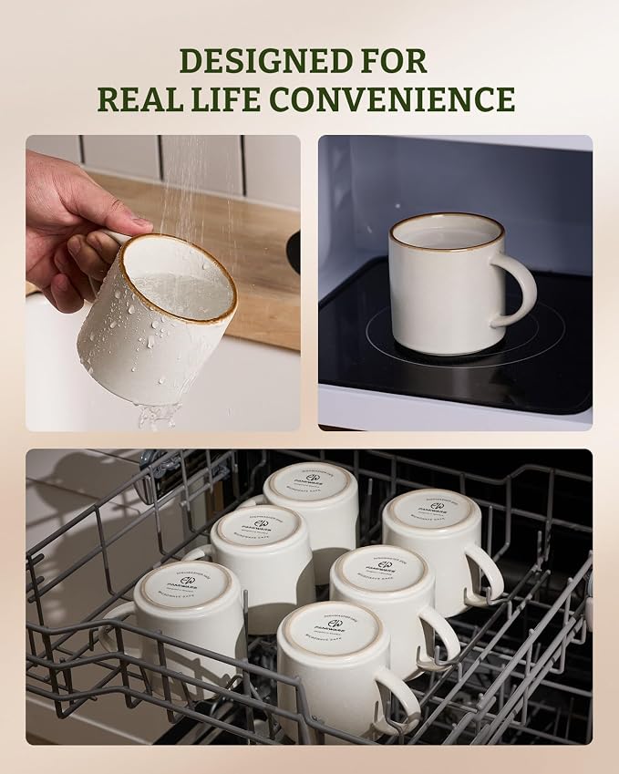 famiware Coffee Mugs Set of 4 Nebula 14oz Coffee Mugs, Ceramic Cup Set with Handle for Latte, Tea, Milk, Cappuccino, Cocoa, Matte Beige White with Brown Rim