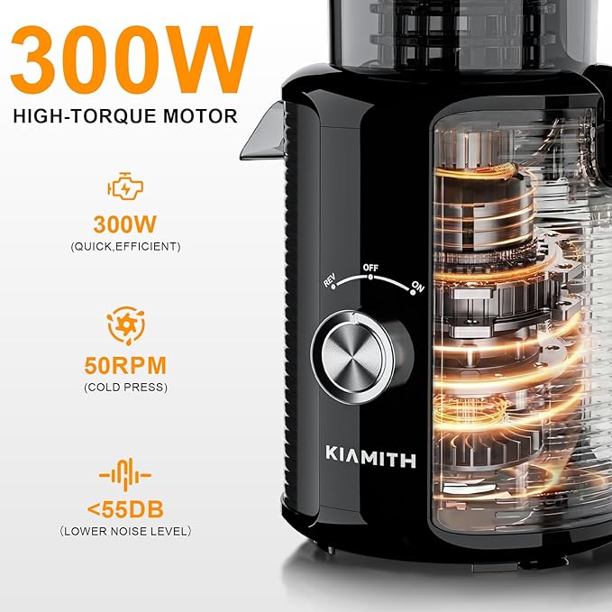 300W Cold Press Juicer with 5.8" Extra-Large Feed Chute, Slow Masticating Juicer Machines for Fruits and Vegetables, High Juice Yield, Easy to Clean, Family Use, BPA Free (Black & Grey)