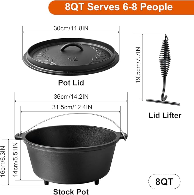 Pre-Seasoned Cast Iron 8QT Camp Dutch Oven with Lid, Large Camping Dutch Oven Pot, incl. Lid Lifter - Dual Handles - for Outdoor Campfire, Grill, Oven & Stovetop Cooking-Black