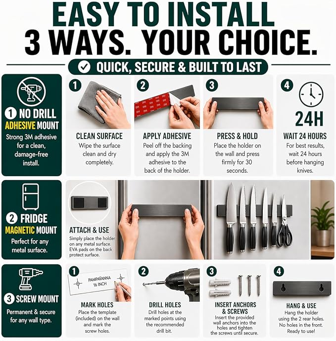 Magnetic Knife Holder 16 Inch Gunmetal – Exclusive Color Stainless Steel Strip, Rack & Bar for Wall or Fridge, No Drill Adhesive Kitchen Organizer, Premium Gift by Pampavanna