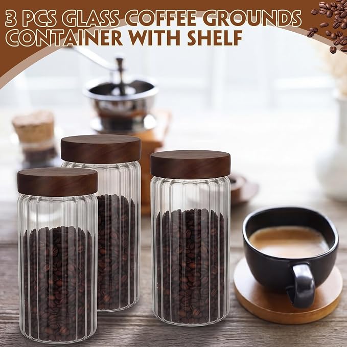 Suclain 3 Pcs 44 oz Glass Coffee Grounds Container with Shelf Glass Coffee Bean Storage Canisters with Airtight Lid and Measuring Spoon Food Storage Jars for Kitchen Sugar (Trendy Style)