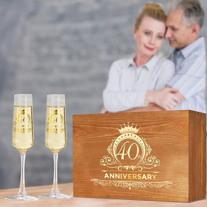 40th Wedding Anniversary Champagne Flutes Gifts, Happy Anniversary Decorations, Gold Cake Cutting Set Gfits for Women Men 40 th Birthday or Parents