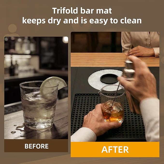 12'' x 22'' Silicone Cocktail Bar Mat for Bartending & Home Bar - Multifunctional Folding Drink Mat with Cutting Board - Portable Black Bar Countertop Accessories & Spill Mat(Black)