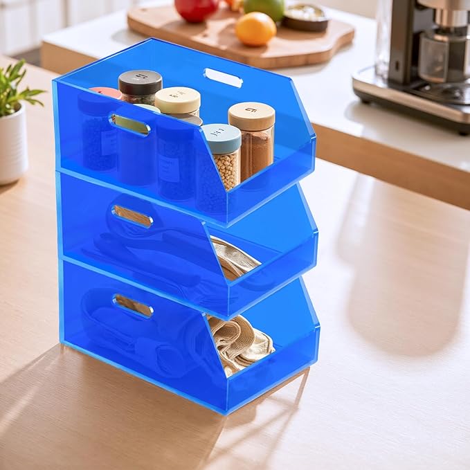 Gelite Stackable Storage Bins Open Front Organizer Bins with Handles Acrylic Storage Container for Pantry Kitchen Cabinet Bathroom Closet Office Organization, 11.4x7.5x5.1'', Navy Blue